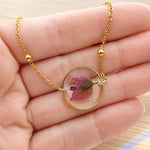 Bracciale donna oro fiore vero bouganville in resina. Ciondolo resina catenella acciaio oro regolabile taglia unica.Gioielli resina fiori