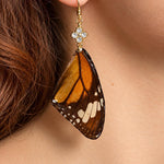 Real Orange Butterfly Wing Earrings in Resin, Gold-Tone Steel and Rhinestones | Entomology Jewelry, Nature Lover Gift