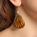 Real Orange Butterfly Wing Earrings in Resin, Gold-Tone Steel and Rhinestones | Entomology Jewelry, Nature Lover Gift
