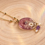 Pink Chrysanthemum Necklace with Queen Anne’s Lace and Natural Stones, Oval Resin Pendant