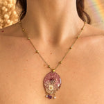 Pink Chrysanthemum Necklace with Queen Anne’s Lace and Natural Stones, Oval Resin Pendant