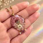 Pink Chrysanthemum Necklace with Queen Anne’s Lace and Natural Stones, Oval Resin Pendant