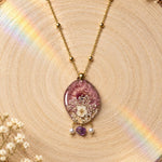 Pink Chrysanthemum Necklace with Queen Anne’s Lace and Natural Stones, Oval Resin Pendant