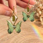 Real Fern and Green Butterfly Earrings, Botanical Dangle Earrings in Resin and Gold Stainless Steel