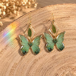 Real Fern and Green Butterfly Earrings, Botanical Dangle Earrings in Resin and Gold Stainless Steel