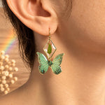 Real Fern and Green Butterfly Earrings, Botanical Dangle Earrings in Resin and Gold Stainless Steel