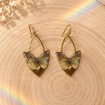 Light Green Geometric Butterfly Earrings, Gold Dangle Earrings in Stainless Steel and Brass with Ear Hooks