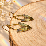 Light Green Geometric Butterfly Earrings, Gold Dangle Earrings in Stainless Steel and Brass with Ear Hooks