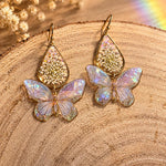Iridescent Butterfly Earrings with Queen Anne’s Lace, Resin Drop, Synthetic Opal and Gold Stainless Steel