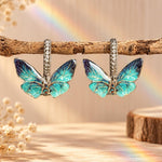Blue Butterfly Earrings with Rhinestones, Silver Stainless Steel Hoops with Turquoise Dangle Charm