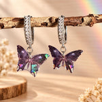 Purple Iridescent Butterfly Earrings in Resin, Stainless Steel Hoops with Rhinestones, Small 2 cm Dangles