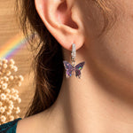 Purple Iridescent Butterfly Earrings in Resin, Stainless Steel Hoops with Rhinestones, Small 2 cm Dangles