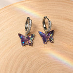 Purple Iridescent Butterfly Earrings in Resin, Stainless Steel Hoops with Rhinestones, Small 2 cm Dangles