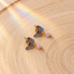 Lilac Iridescent Butterfly Stud Earrings in Resin with Gemstone, Gold Stainless Steel, Small 1.2 cm