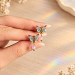 Lilac Iridescent Butterfly Stud Earrings in Resin with Gemstone, Gold Stainless Steel, Small 1.2 cm