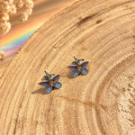 Blue Purple Iridescent Butterfly Stud Earrings in Resin | Mini 1 cm, Silver Stainless Steel