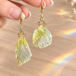 Earrings with Real Butterfly Wings in Resin, Gold-Tone Steel with Rhinestones and Synthetic Opal | Handmade Ethereal Jewelry
