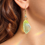 Earrings with Real Butterfly Wings in Resin, Gold-Tone Steel with Rhinestones and Synthetic Opal | Handmade Ethereal Jewelry