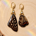 Earrings with Real Butterfly Wings in Resin, Gold-Tone Steel and Rhinestones | Ethical Nature Jewelry, Butterfly Lover Gift