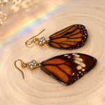 Real Orange Butterfly Wing Earrings in Resin, Gold-Tone Steel and Rhinestones | Entomology Jewelry, Nature Lover Gift