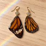 Real Orange Butterfly Wing Earrings in Resin, Gold-Tone Steel and Rhinestones | Entomology Jewelry, Nature Lover Gift