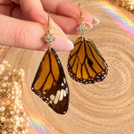 Real Orange Butterfly Wing Earrings in Resin, Gold-Tone Steel and Rhinestones | Entomology Jewelry, Nature Lover Gift