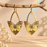 Light Green Geometric Butterfly Earrings, Gold Dangle Earrings in Stainless Steel and Brass with Ear Hooks