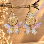 Iridescent Butterfly Earrings with Queen Anne’s Lace, Resin Drop, Synthetic Opal and Gold Stainless Steel