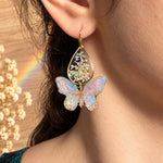 Iridescent Butterfly Earrings with Queen Anne’s Lace, Resin Drop, Synthetic Opal and Gold Stainless Steel