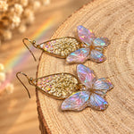 Iridescent Butterfly Earrings with Queen Anne’s Lace, Resin Drop, Synthetic Opal and Gold Stainless Steel