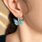 Blue Butterfly Earrings with Rhinestones, Silver Stainless Steel Hoops with Turquoise Dangle Charm