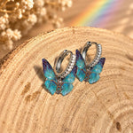 Blue Butterfly Earrings with Rhinestones, Silver Stainless Steel Hoops with Turquoise Dangle Charm