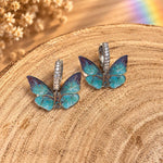Blue Butterfly Earrings with Rhinestones, Silver Stainless Steel Hoops with Turquoise Dangle Charm