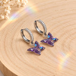 Purple Iridescent Butterfly Earrings in Resin, Stainless Steel Hoops with Rhinestones, Small 2 cm Dangles