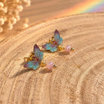 Lilac Iridescent Butterfly Stud Earrings in Resin with Gemstone, Gold Stainless Steel, Small 1.2 cm