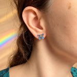 Blue Purple Iridescent Butterfly Stud Earrings in Resin | Mini 1 cm, Silver Stainless Steel