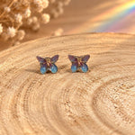Blue Purple Iridescent Butterfly Stud Earrings in Resin | Mini 1 cm, Silver Stainless Steel
