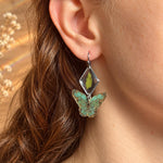 Real Fern Silver Earrings with Green Butterfly in Resin, Botanical Dangle Earrings in Hypoallergenic Stainless Steel