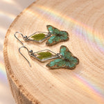 Real Fern Silver Earrings with Green Butterfly in Resin, Botanical Dangle Earrings in Hypoallergenic Stainless Steel