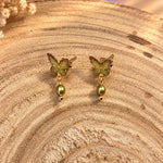 Green Butterfly Earrings in Gold, Resin, and Hypoallergenic Steel with a Pearl Pendant | Women's Birthday Gift, Handmade Jewelry