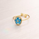 Anello midi nontiscordardime ovale con fiore vero in resina, regolabile in acciaio oro o argento